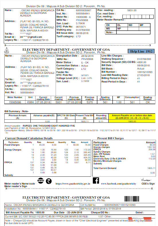 INIDA ELECTRICITY DEPARTMENT GOVERNMENT OF GOA utility bill Word and PDF template